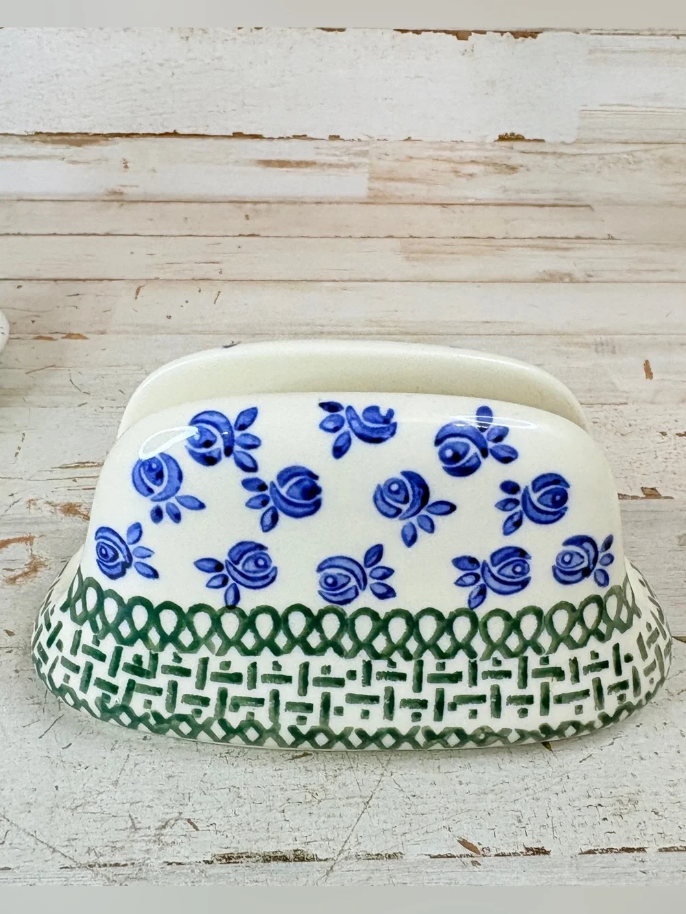 POLISH POTTERY Salt Pepper Shakers Set Tray Napkin Holder Boleslawiec Flowers